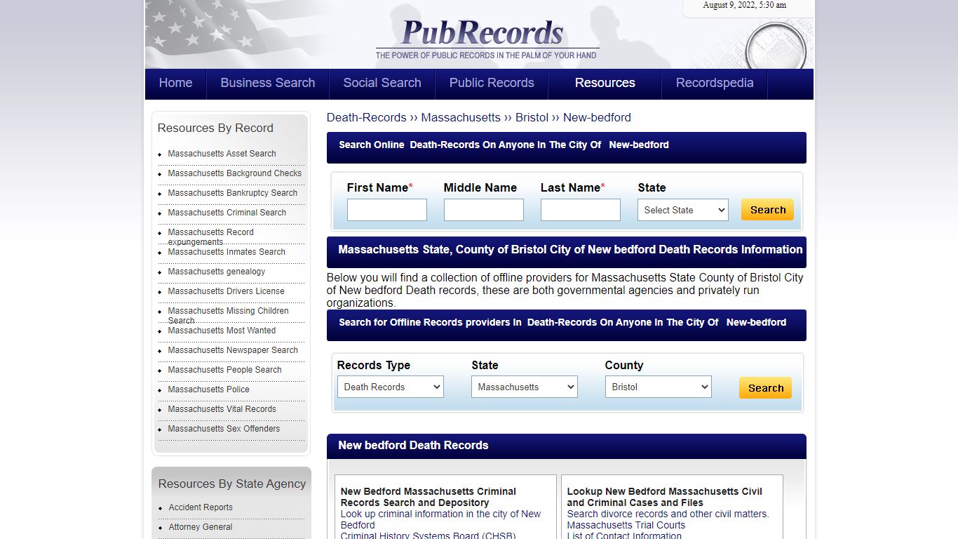 New bedford, Bristol County, Massachusetts Death Records